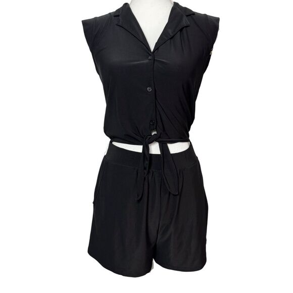 Sevengate Black Tie Front Cut Out Sleeveless Romper - Picture 1 of 5